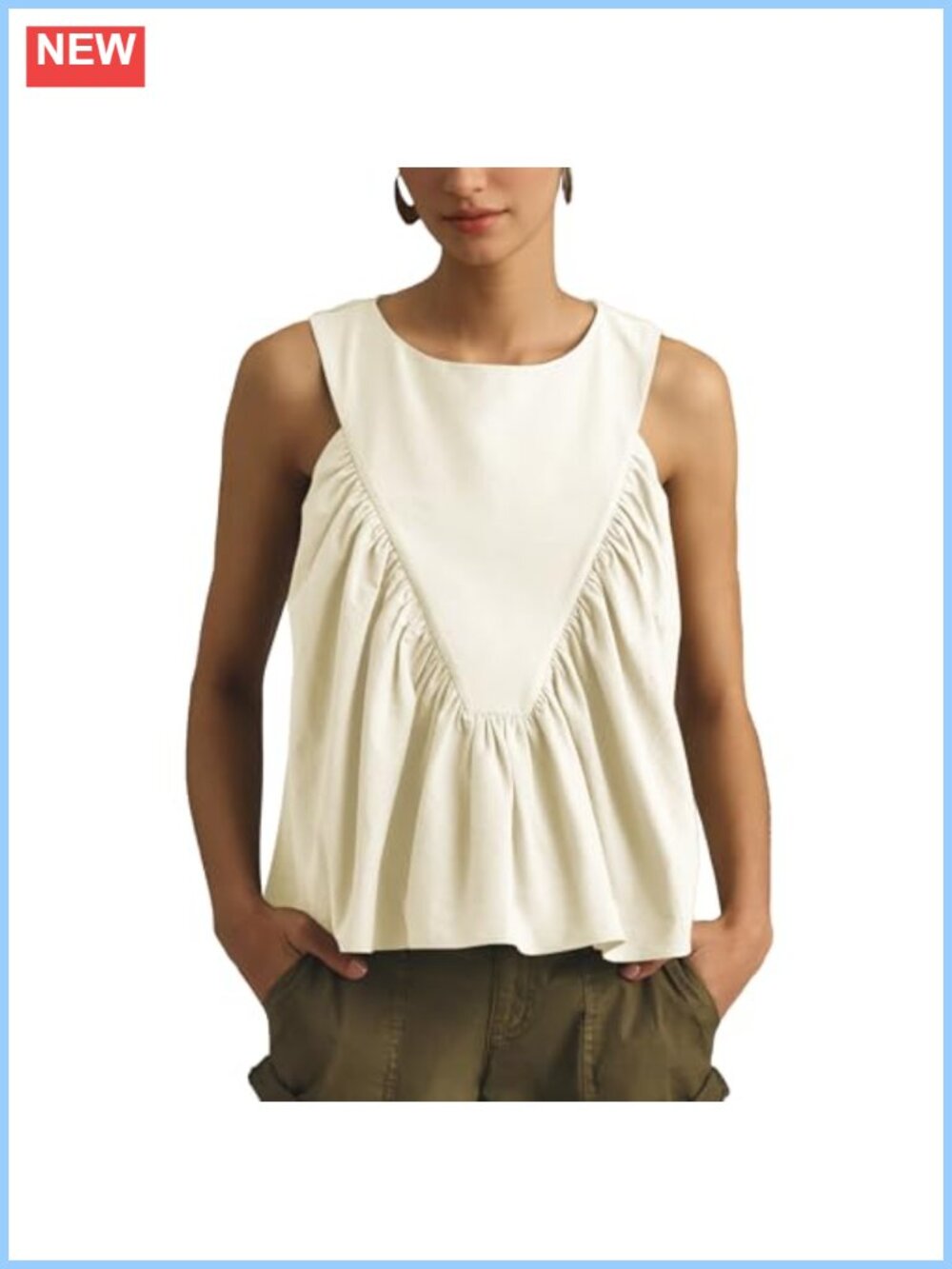 Shirred Swing Tank Top Women Flowy Sleeveless Ruffled Crew Neck Loose Fit